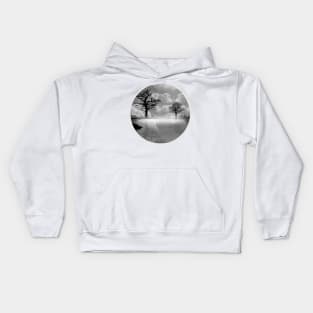 A calm lake in the fog in the morning in black and white Kids Hoodie